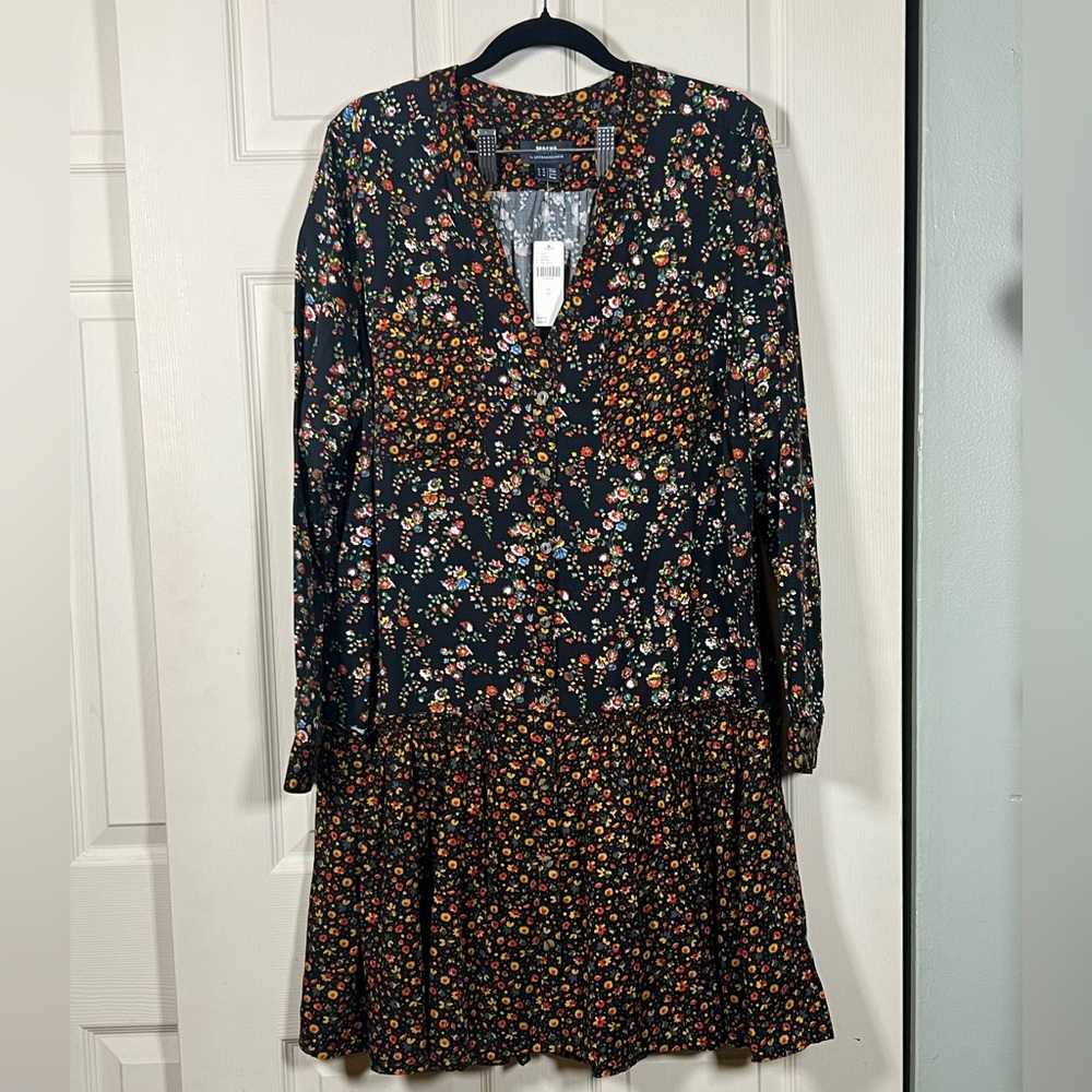 Anthropologie Maeve Marlie Ditsy Floral Tunic Dress Black Button Front NWT 12 - Picture 2 of 8